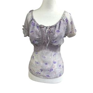 Y2K Passport Sheer Floral Babydoll Lace Tie Front Blouse Sz S